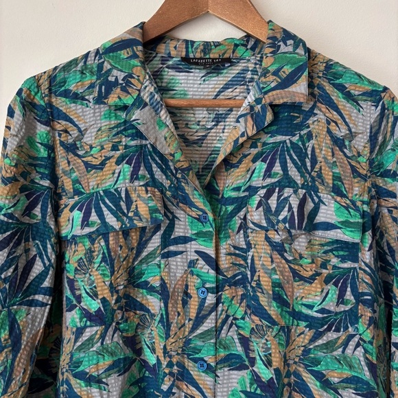 Lafayette 148 Leaf Print Shirt Medium Cotton Silk Blue Green - Picture 2 of 7